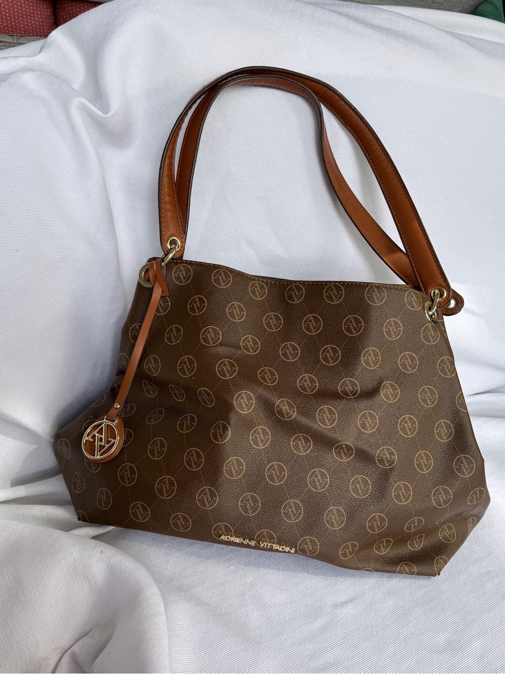 Adrienne Vittadini Monogram Logo Tote Bag Brown Tan Shoulder Bag Handbag